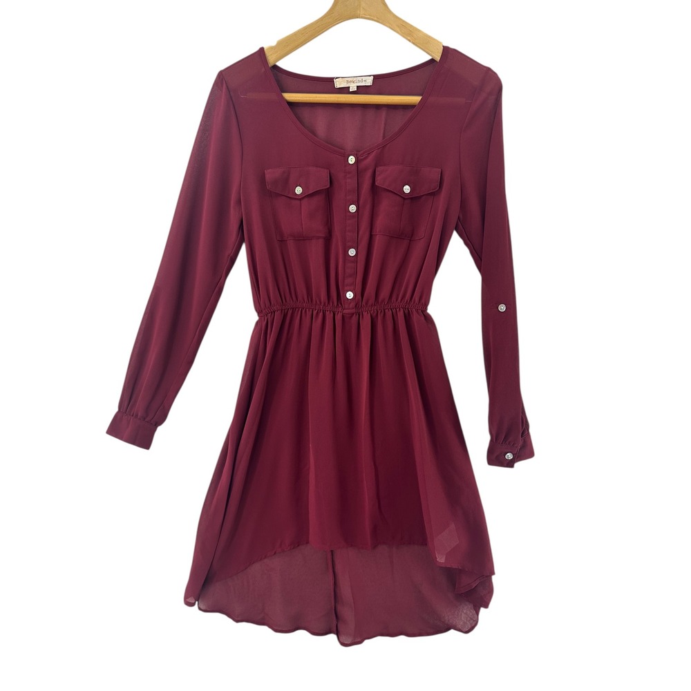 Rewind Burgundy Long Sleeve Button Front High Low Shirt Dress Size S‎